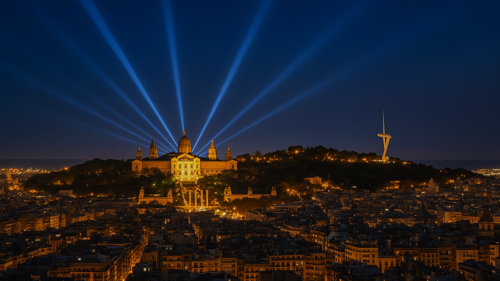 Vista aérea nocturna del Palau Nacional en Montjuïc con haces de luz sobre Barcelona y la torre de comunicaciones a la derecha