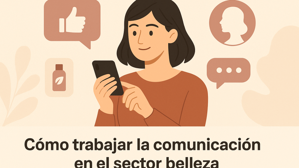 Ilustración de una mujer usando el móvil para comunicar en redes sociales en el sector belleza