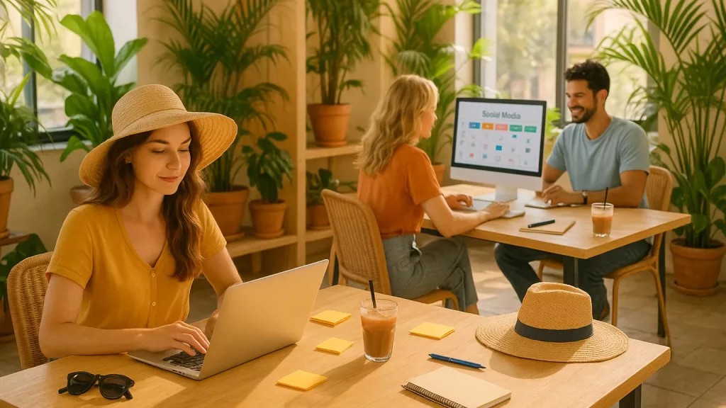 Equipo creativo trabajando en oficina luminosa durante el verano, con redes sociales en pantalla