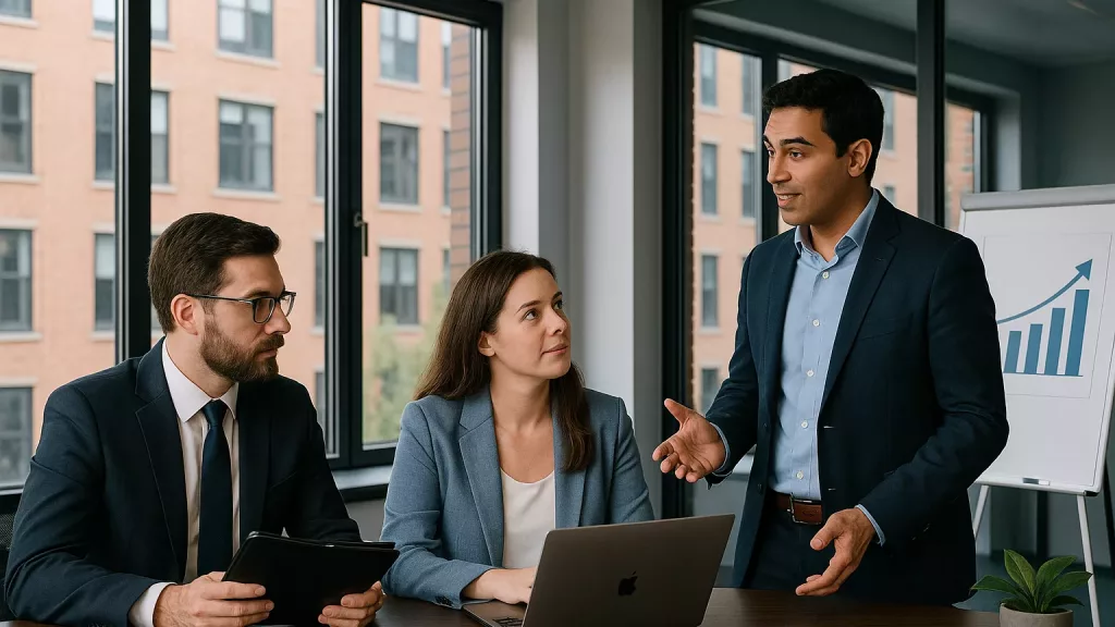 Tres profesionales reunidos en una oficina moderna mientras analizan estrategias de comunicación para una PYME