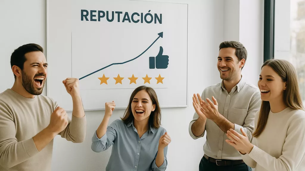 Equipo de trabajo celebrando frente a un gráfico ascendente que simboliza el éxito en reputación empresarial