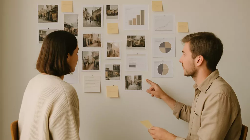 Dos profesionales analizan un panel de ideas con fotos y gráficas en una oficina moderna, en un entorno cálido y minimalista.