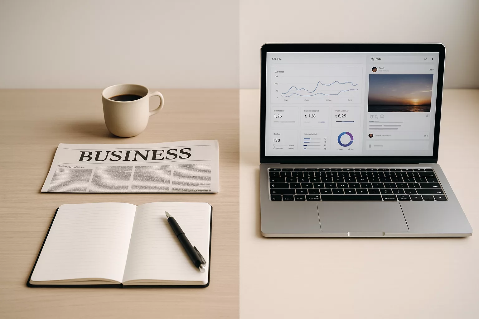 ChatGPT Image Sep 17 2025 11_36_29 AM – Globe Comunicacion División visual entre lo analógico y lo digital en una mesa de trabajo: a la izquierda, un periódico de negocios, una libreta en blanco y una taza de café; a la derecha, un ordenador portátil con métricas y gráficos de redes sociales.
