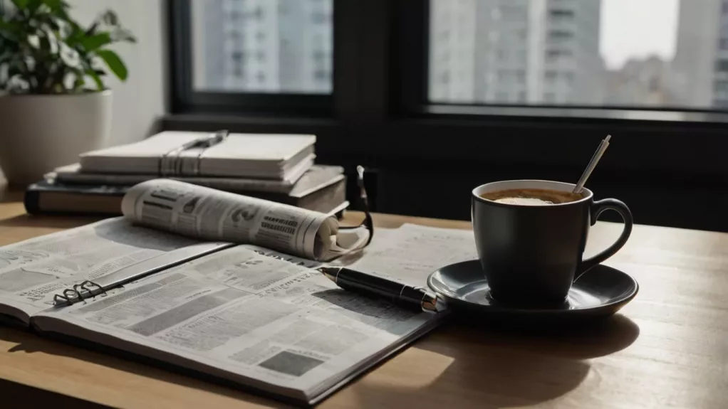 Mesa de trabajo con elementos analógicos: taza de café, periódicos desplegados y enrollados, libreta y bolígrafo, con luz natural entrando desde una ventana con vista a edificios."