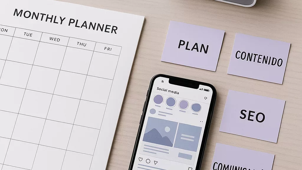 Escritorio organizado con un planner mensual, móvil con redes sociales y notas sobre plan, contenido, SEO y comunicación, representando la gestión del tiempo en el marketing para pymes.