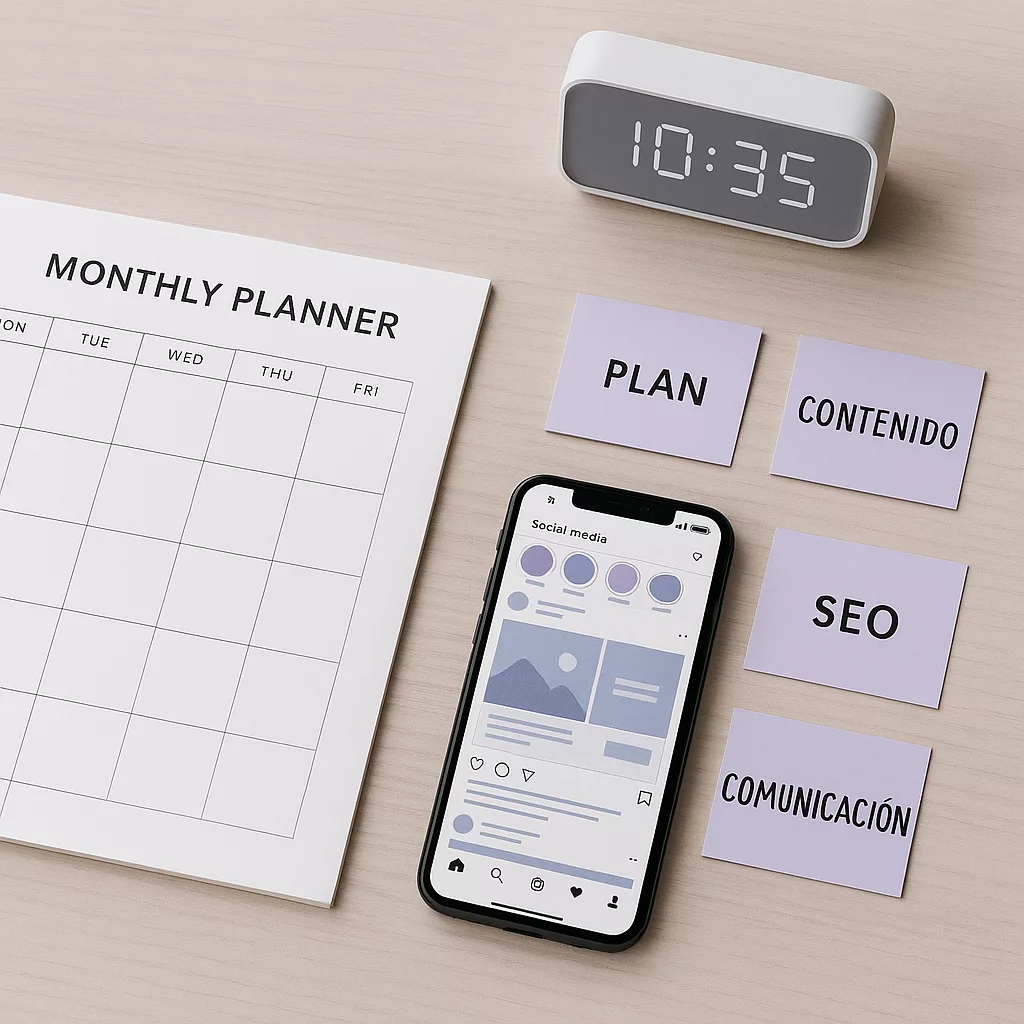 Escritorio organizado con un planner mensual, móvil con redes sociales y notas sobre plan, contenido, SEO y comunicación, representando la gestión del tiempo en el marketing para pymes.